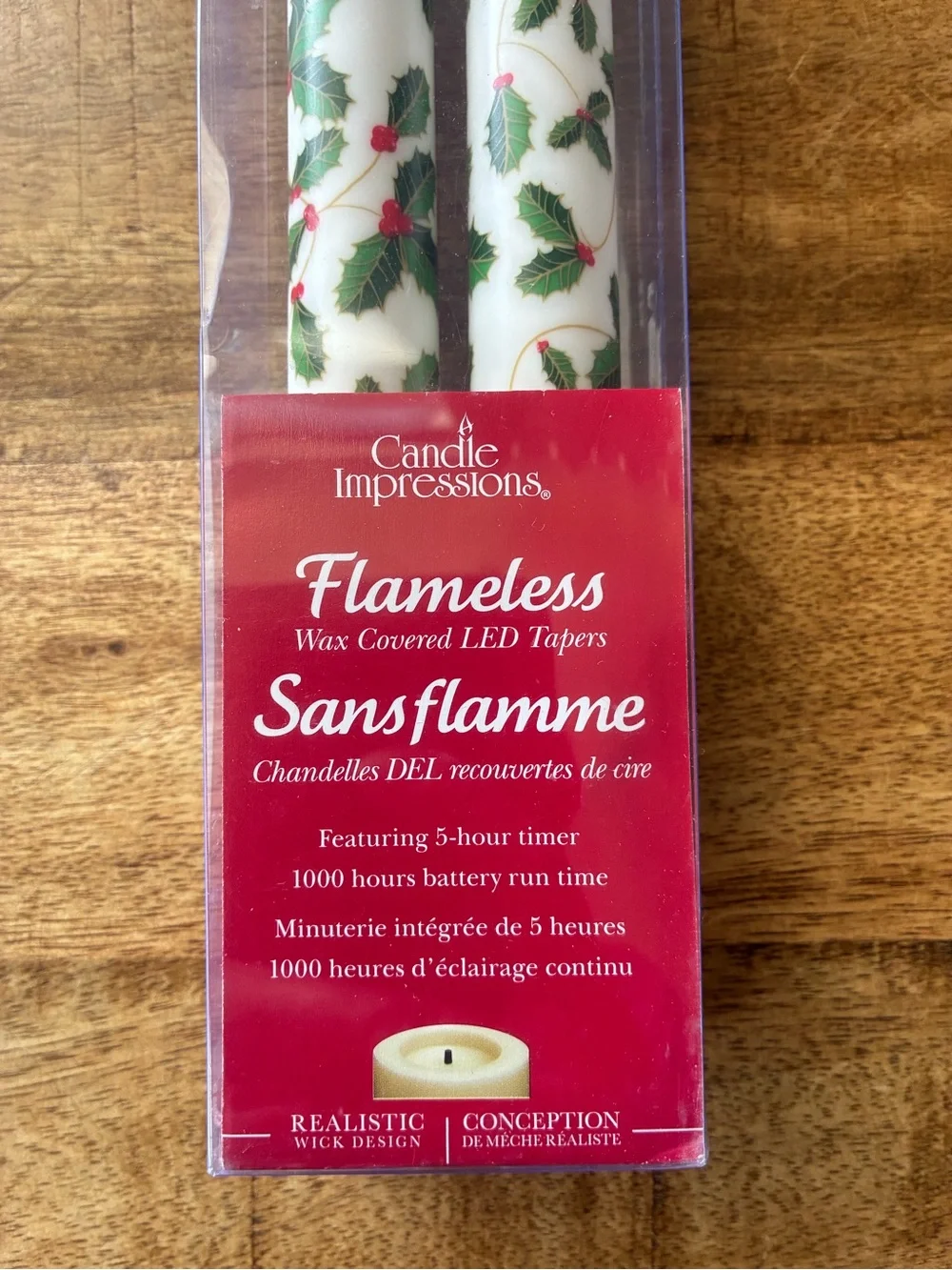 New Candle Impressions Flameless Wax Covered LED Taper Candles Holly Berries